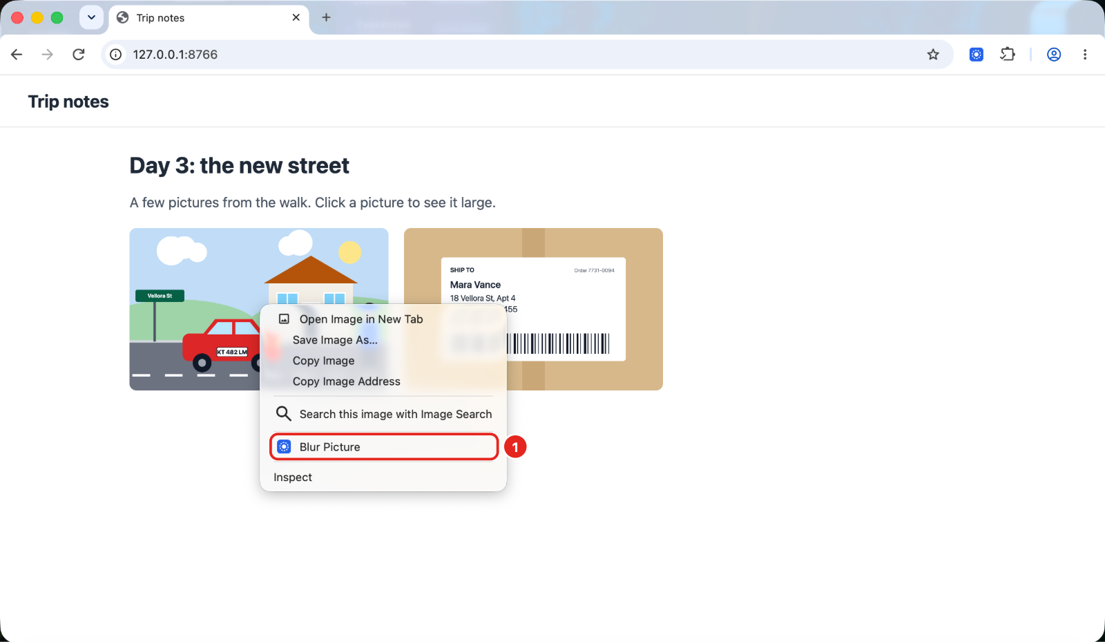 Browser right-click menu on a picture with “Blur Picture”