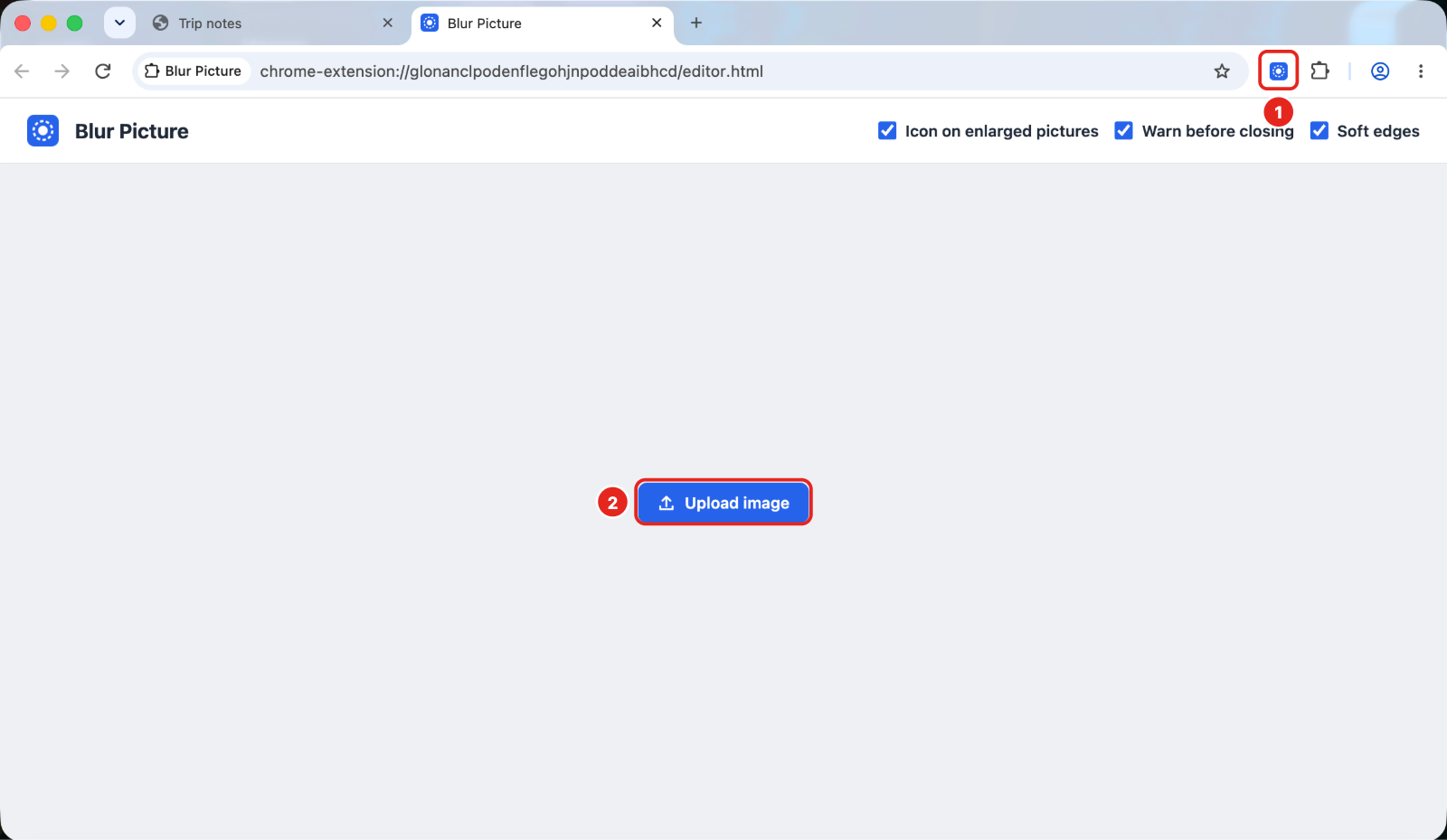 Pinned Blur Picture button on the Chrome toolbar and an empty editor tab with “Upload image”