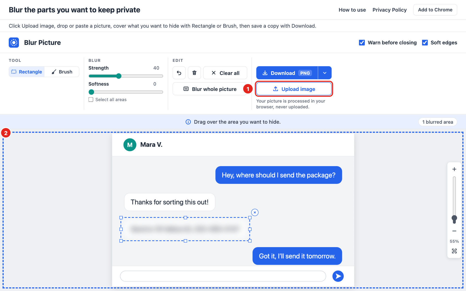 Online editor with “Upload image” marked and a picture file being dragged over the editor
