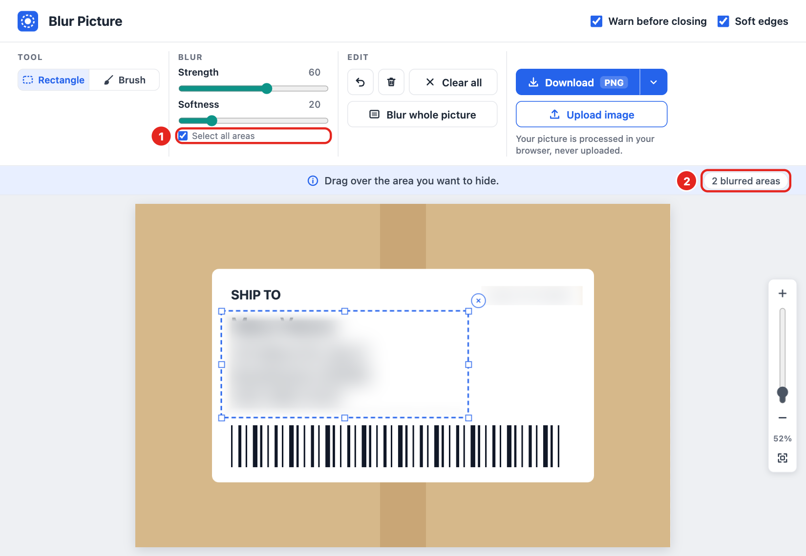 “Select all areas” ticked, and the line above the picture showing “2 blurred areas”