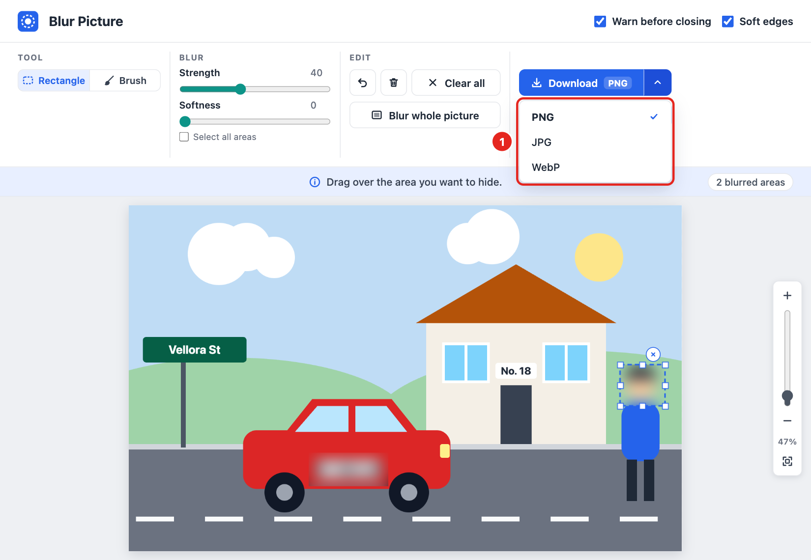 “Download” format menu open with PNG, JPG and WebP